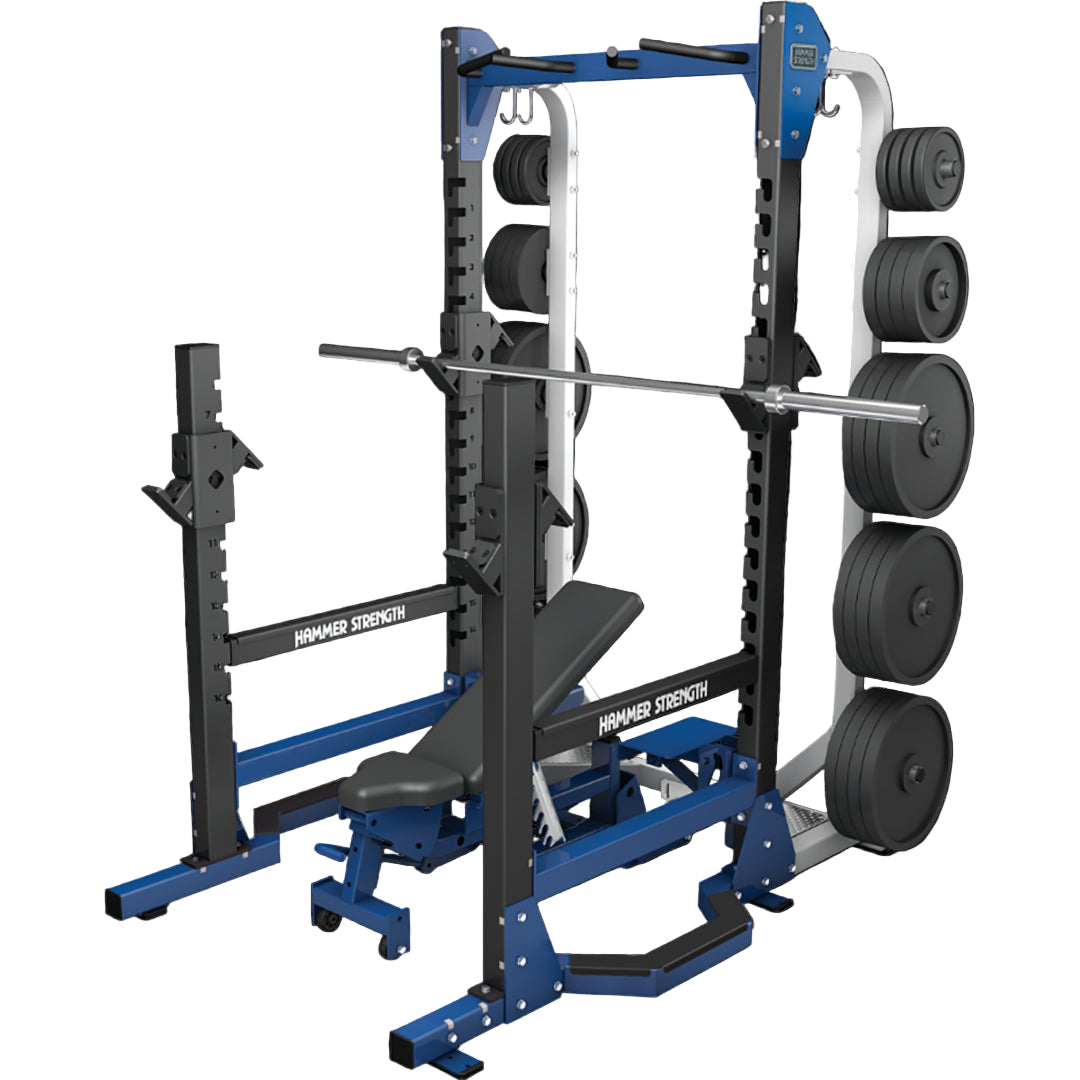 Blue and black weightlifting rack with barbell and weights on a white background