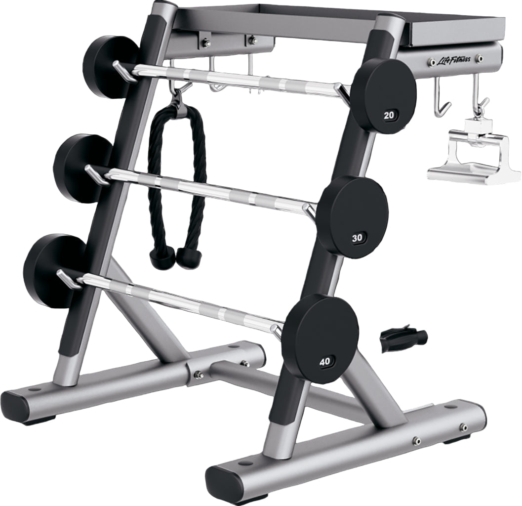 Weight rack with various weight plates on a black background