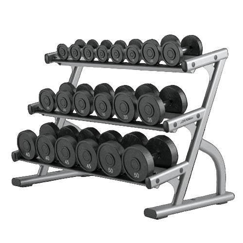 Dumbbell rack with weights on a black background