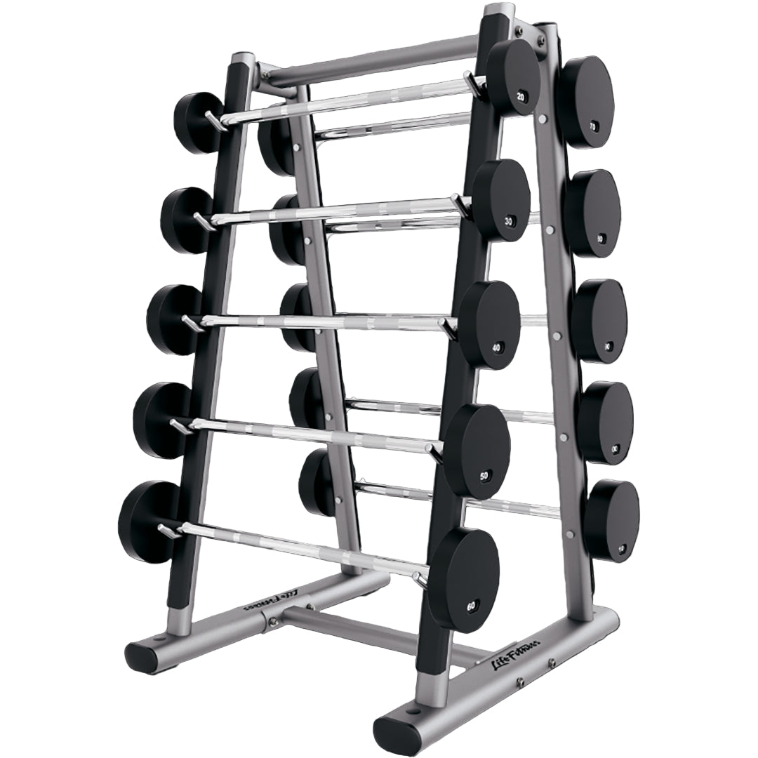 Stack of black dumbbells on a metal rack with a clear background
