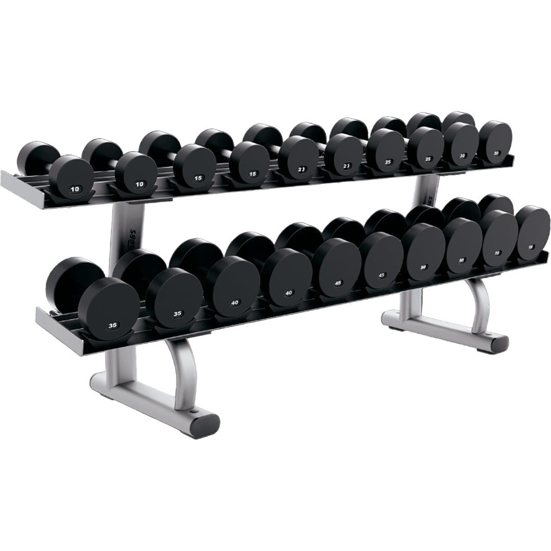 Set of black dumbbells on a metal rack against a white background