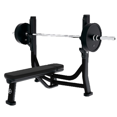 Black weight bench with barbell on a white background