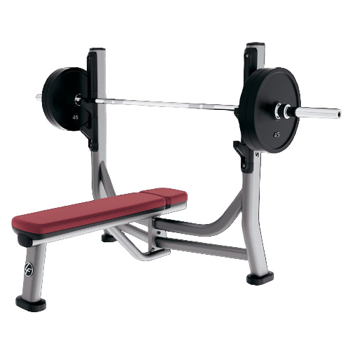 Weight bench with red seat and barbell on a black background