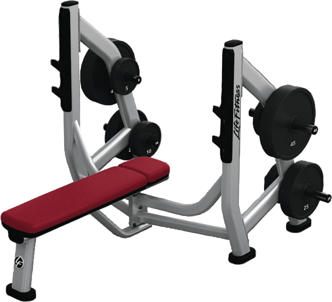 Fitness machine with red seat and weight plates on a white background