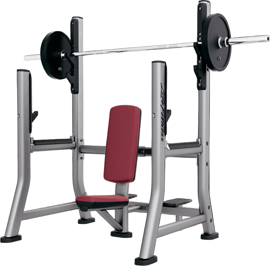 Weight lifting bench with red seat and barbell on a black background