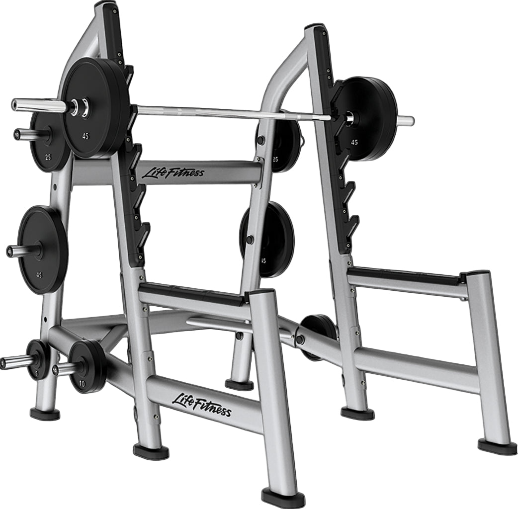Life Fitness weight rack with barbells on a black background
