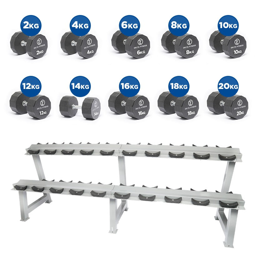 مجموعة دمبل من 12 جانبًا من البولي يوريثان بوزن 2-20 كجم مع رف