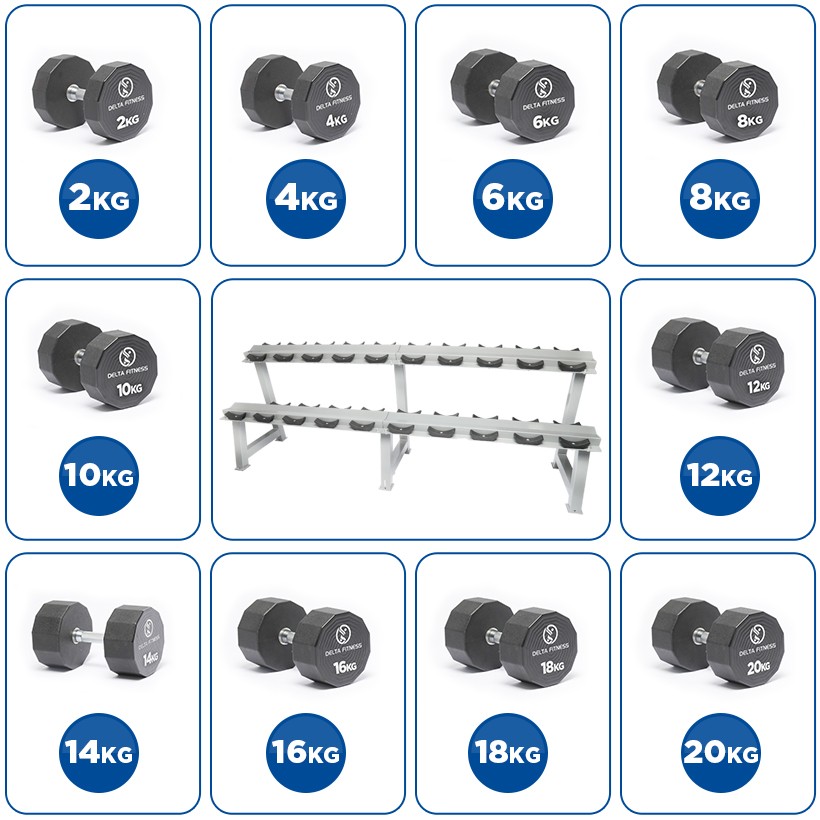 مجموعة دمبل من 12 جانبًا من البولي يوريثان بوزن 2-20 كجم مع رف