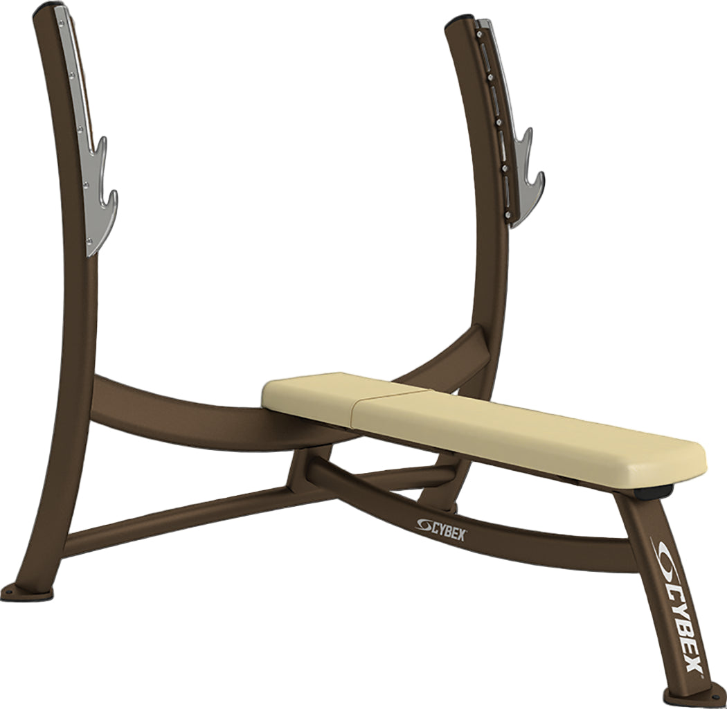 Weight bench with beige seat and brown frame on a white background