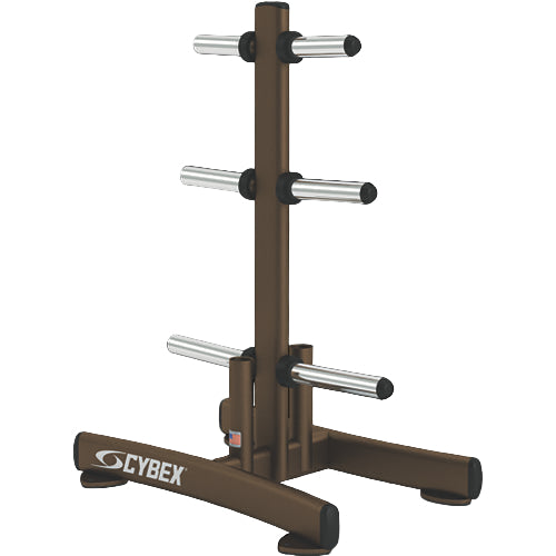 Brown weight rack with multiple barbells on a black background, featuring the Cybex brand.