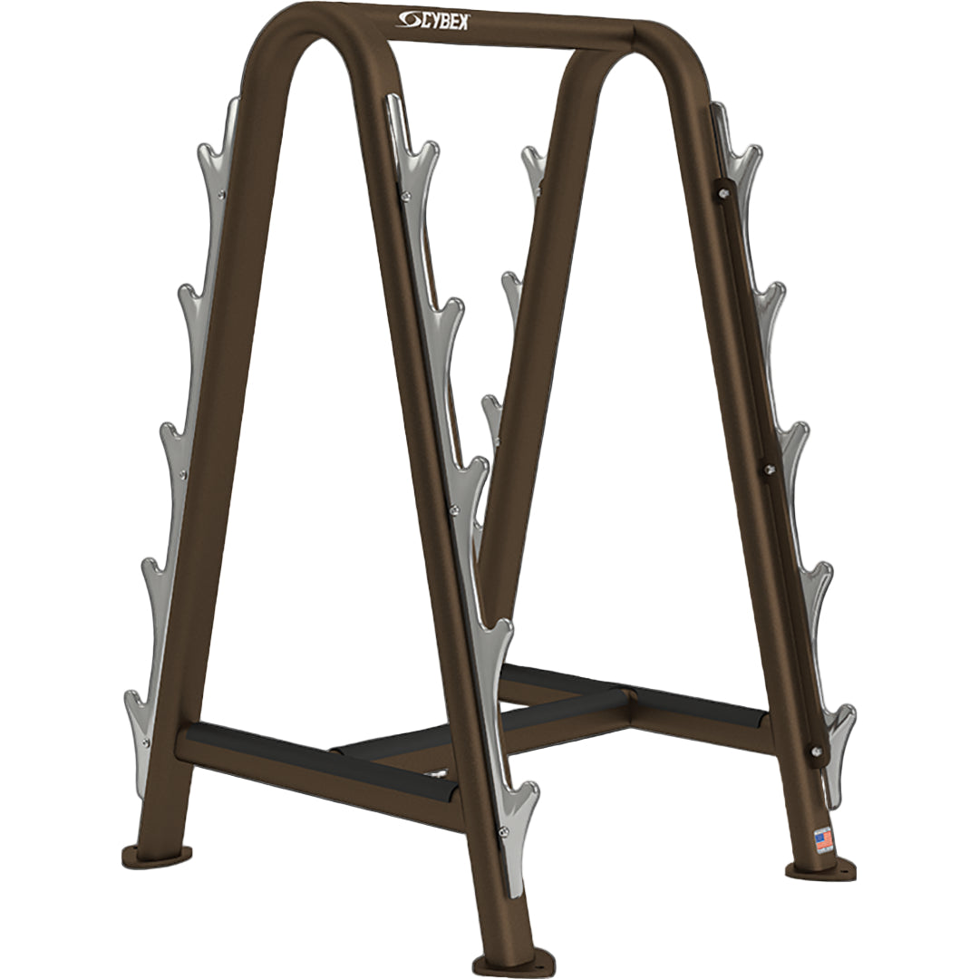 Brown weight plate rack with Cybex logo on a black background