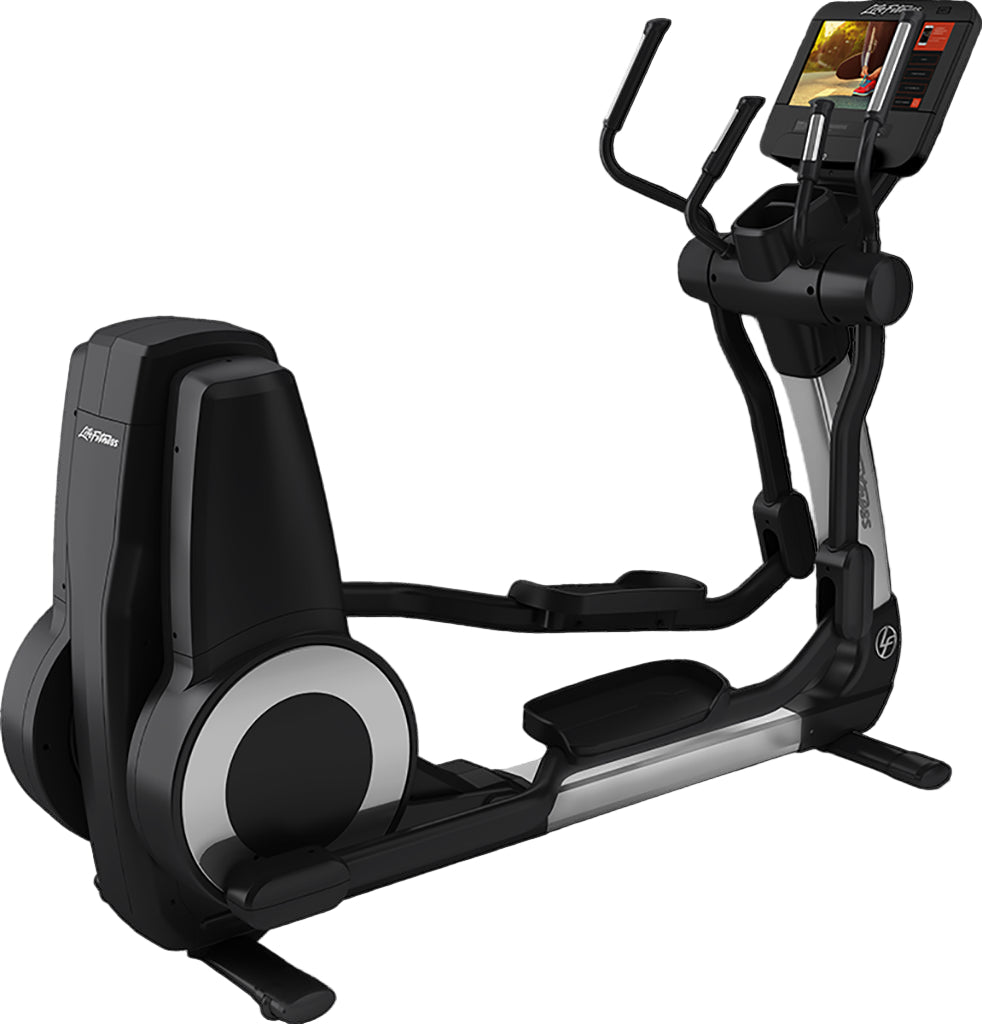 Elliptical trainer with digital display on a black background