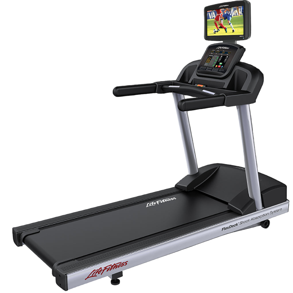Life Fitness treadmill with a screen displaying a sports game on a black background