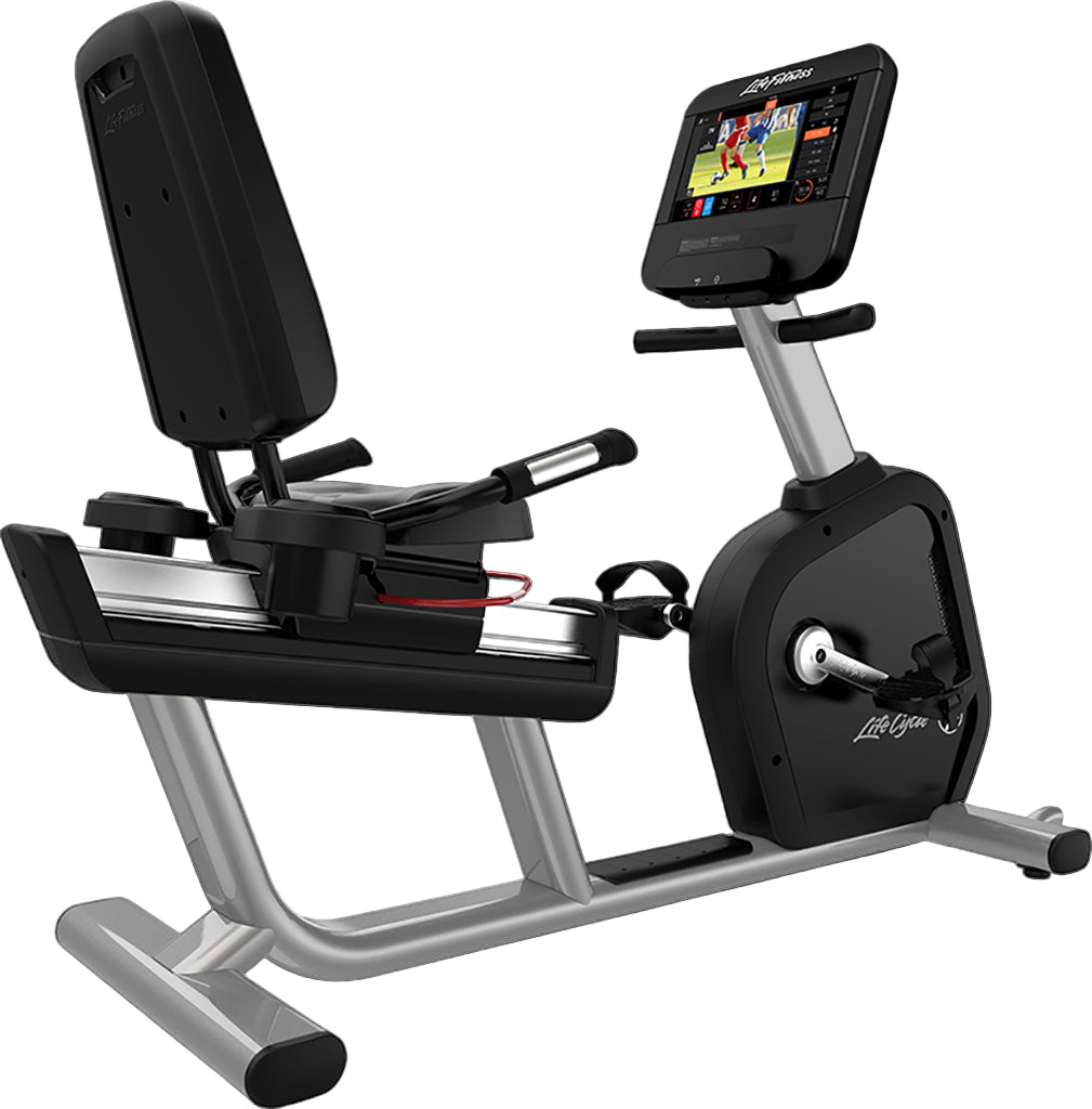 Recumbent bike with a screen displaying a workout program on a black background