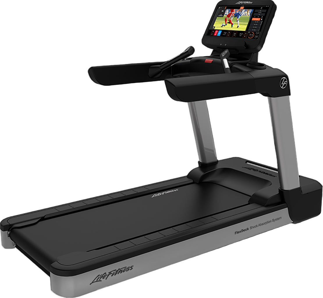 Life Fitness treadmill with a display panel on a black background