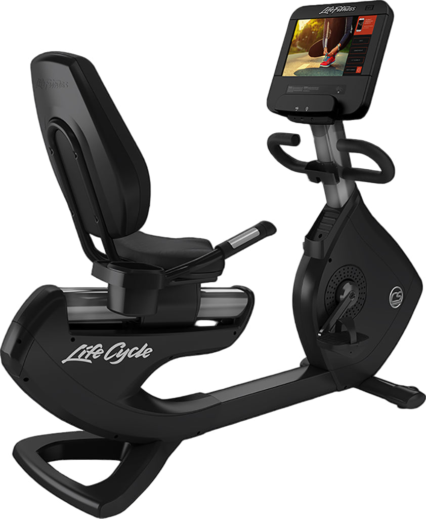 Black exercise bike with a screen on a black background