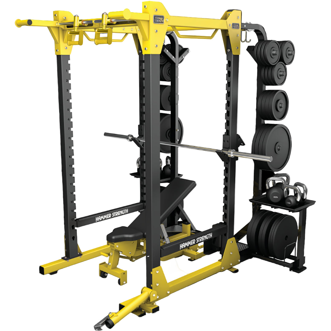 Gym equipment with yellow and black color scheme on a white background