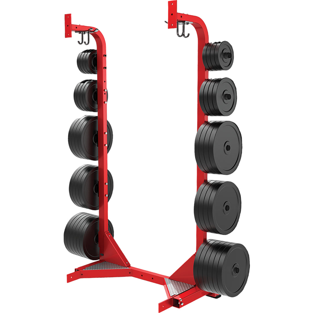 Red weight plate rack with black weight plates on a black background