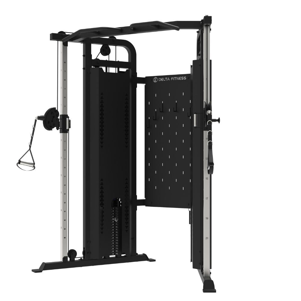 Functional trainer with dual 90 kg weight stacks, adjustable cable columns and pull-up station
