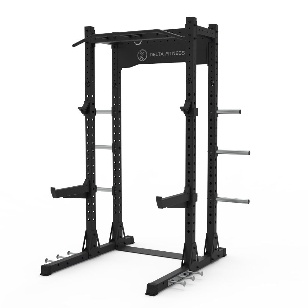 Half rack with J-cups, safety spotters, pull-up bar and six weight plate storage pins