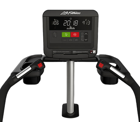 Life Fitness exercise bike console with digital display on a black background