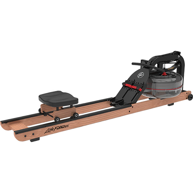 Rowing machine with wooden frame and black seat on a white background