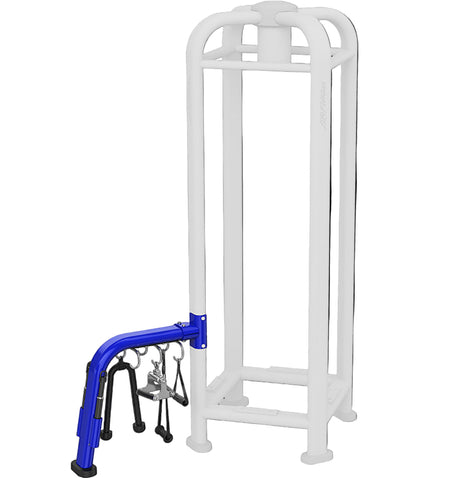 White metal luggage stand with blue handle on a white background