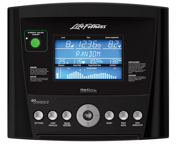 Life Fitness exercise console with digital display and control buttons on a white background