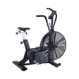 Commercial air bike with fan flywheel, moving handlebars, console and adjustable seat