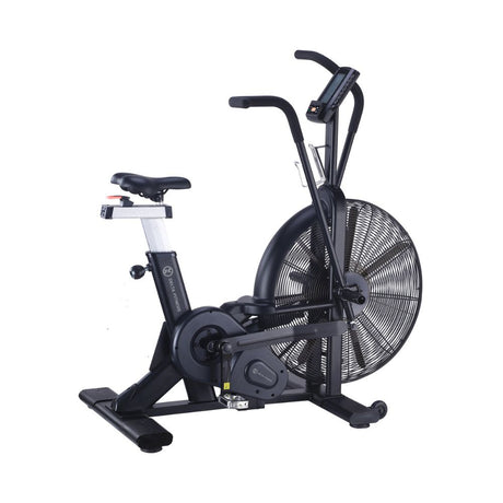 Commercial air bike with fan flywheel, moving handlebars, console and adjustable seat
