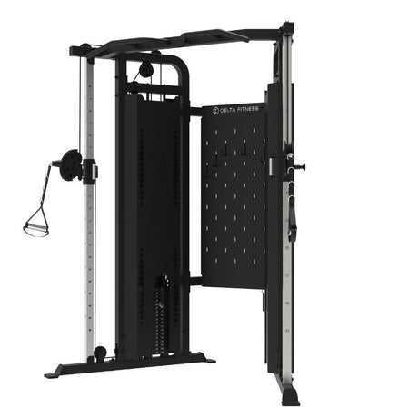 Functional trainer with dual 90 kg weight stacks, adjustable cable columns and pull-up station