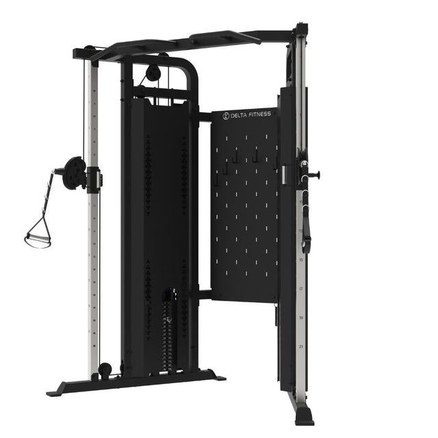 Functional trainer with dual 90 kg weight stacks, adjustable cable columns and pull-up station