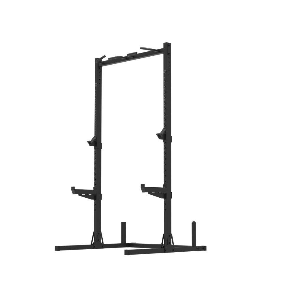 Home squat rack with pull-up bar, two J-cups, safety spotters and plate storage posts