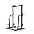 Smith machine with guided bar, four weight storage racks and integrated pull-up frame