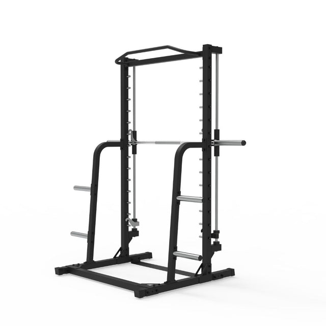 Smith machine with guided bar, four weight storage racks and integrated pull-up frame